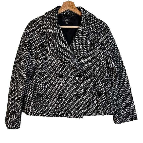 Talbots Double Breasted Tweed Wool Blend Jacket Size 10 Petite Black White - Picture 1 of 9